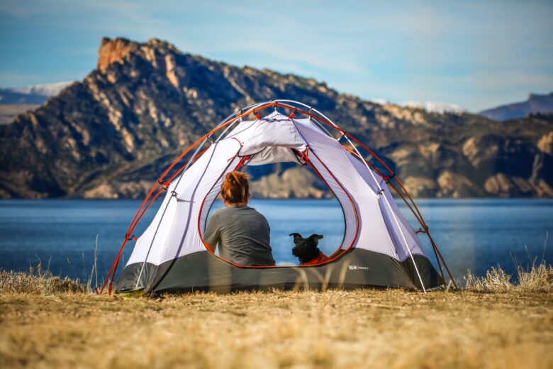 a-woman-and-a-dog-relaxing-in-a-tent